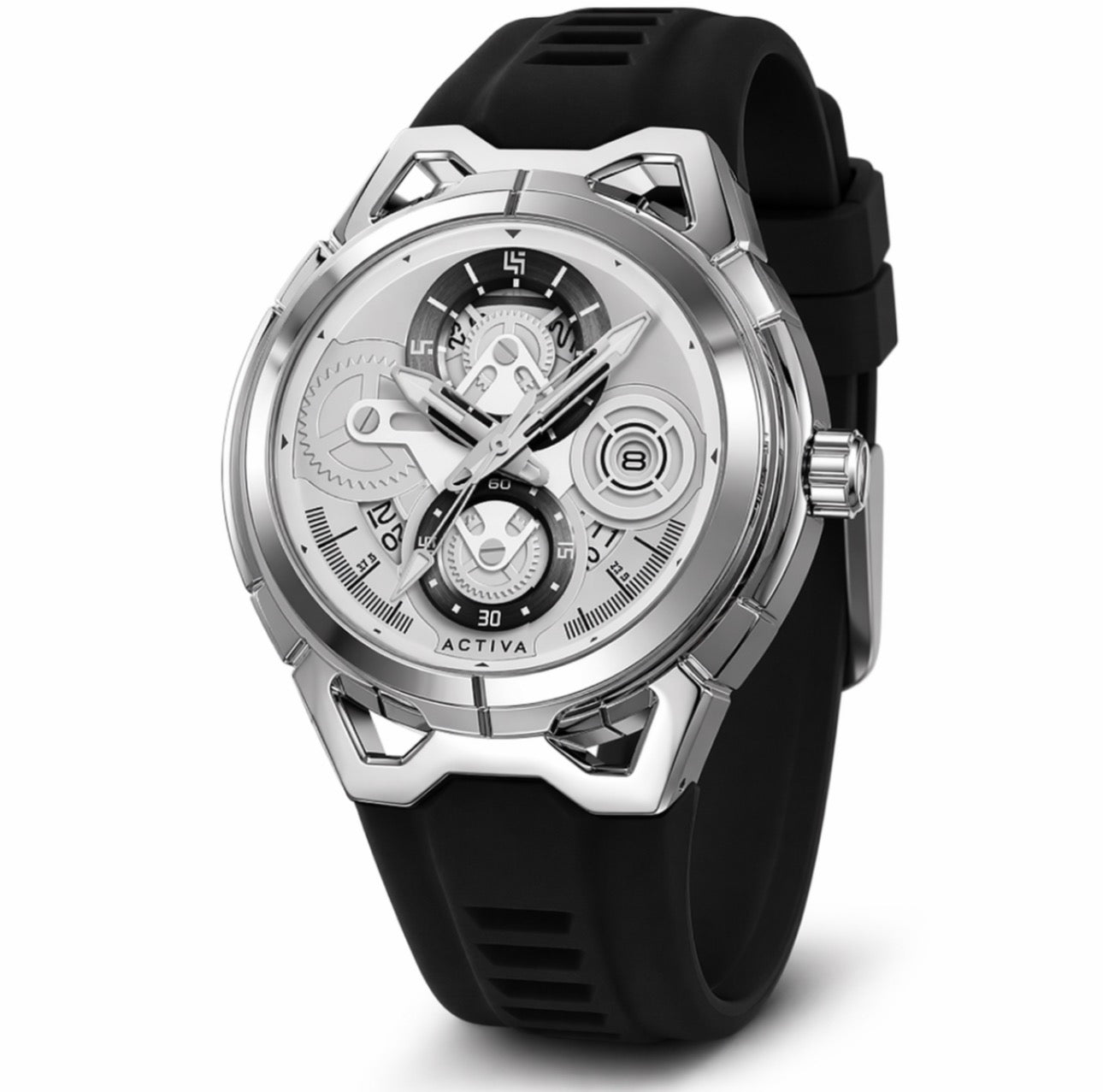 Black wristwatch with a silver case and detailed face on a white background